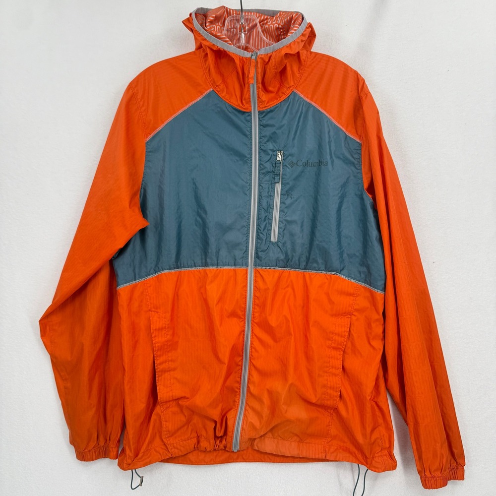 Columbia Windbreaker Jacket Mens Small Orange Gray Thermal Coil Hooded KM3008